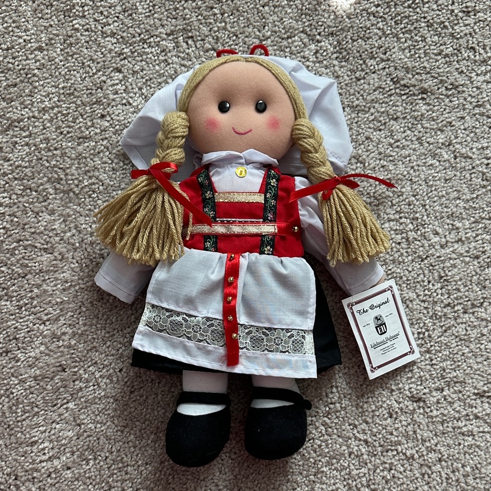 Handmade Norwegian Rag Doll in Red and White Traditional Dress